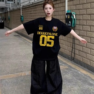 设计感上衣 黑色纯棉短袖 t恤女夏季 美式 高街潮牌宽松oversize半袖