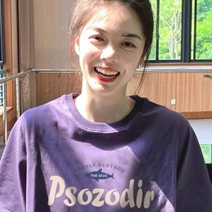 体恤上衣 紫色纯棉短袖 t恤女夏季 美式 正肩慵懒宽松小众设计感半袖