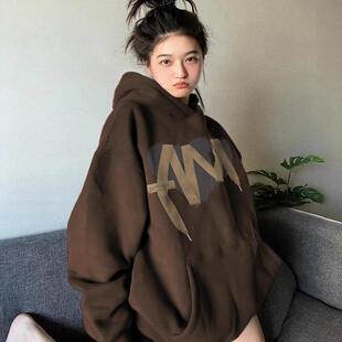 纯棉美式棕色连帽卫衣女秋冬加绒加厚oversize美拉德春秋薄款外套