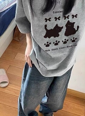灰色纯棉短袖韩版ins风像素猫咪印花T恤女夏季新款个性独特上衣服
