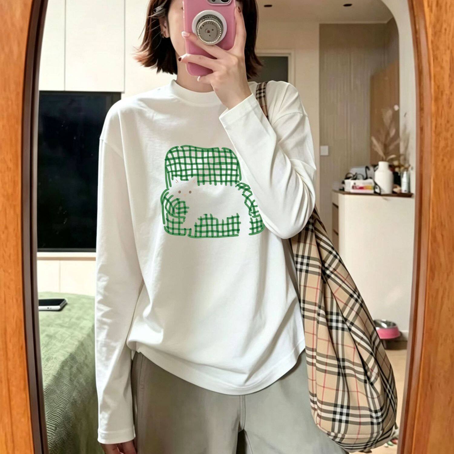 白色纯棉长袖t恤女秋季新款韩系沙发小猫印花宽松慵懒风内搭上衣
