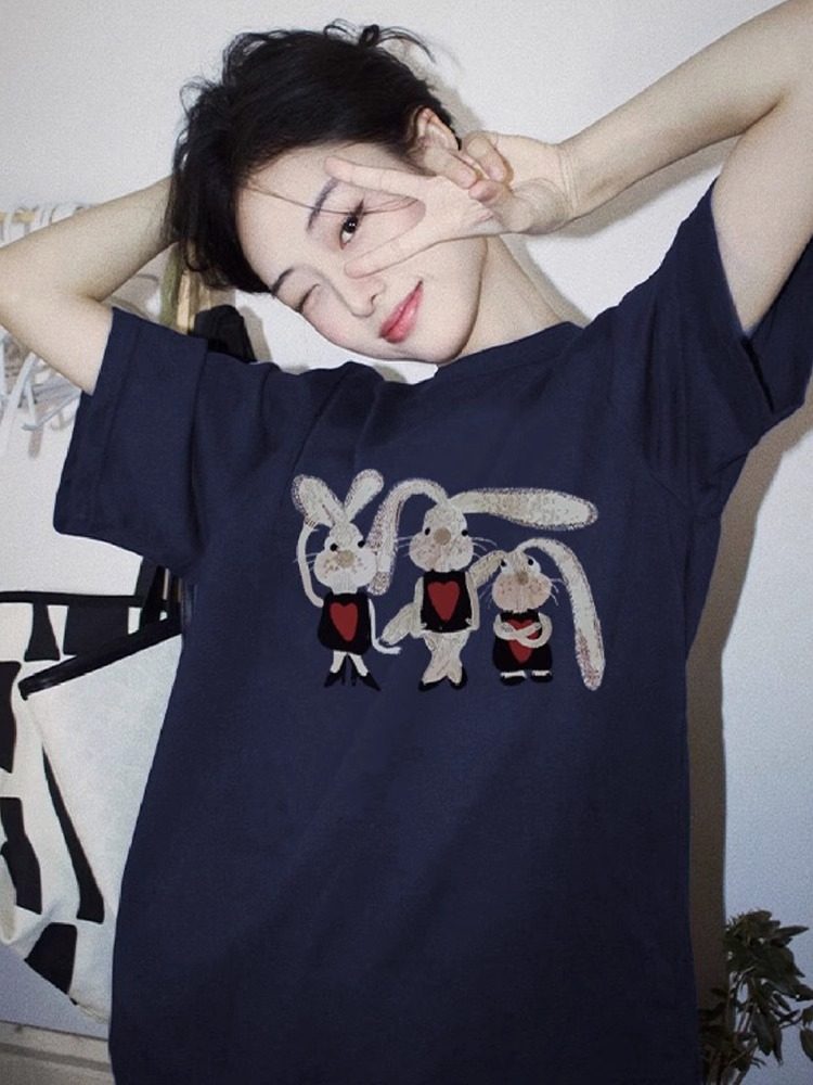 纯棉美式复古藏蓝色兔子印花短袖T恤女夏季新款小众宽松潮牌上衣,女装/女士精品,T恤,淘宝优惠券,粉丝福利购,淘宝优惠卷
