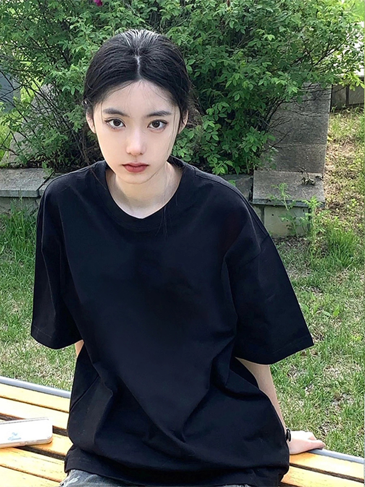 纯棉黑色短袖t恤女2025新款夏季正肩圆领美式宽松半袖设计感上衣