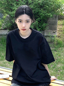 宽松半袖 纯棉黑色短袖 正肩圆领美式 夏季 设计感上衣 t恤女2025新款