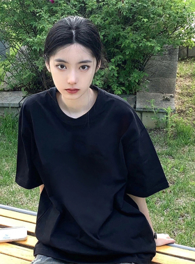 纯棉黑色短袖t恤女2025新款夏季正肩圆领美式宽松半袖设计感上衣