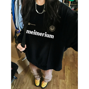 秋季女装美式潮牌黑色长袖t恤女韩系慵懒风早秋上衣情侣纯棉打底