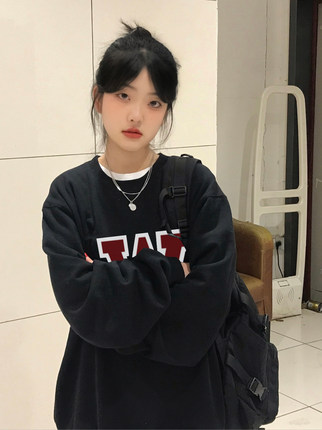美式复古黑色卫衣女2025新款春秋设计感小众慵懒风宽松无帽上衣潮