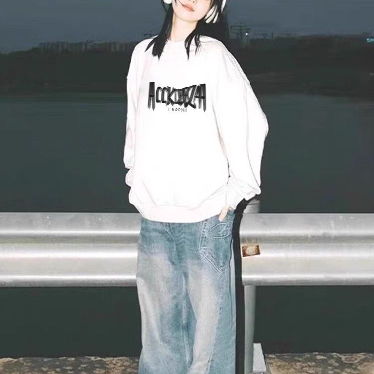 【重磅纯棉】美式白色圆领卫衣女