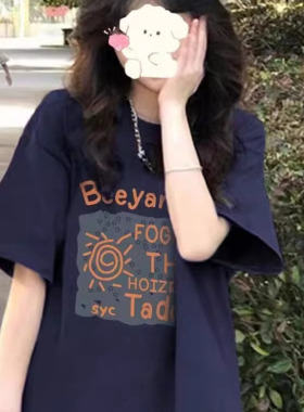 藏蓝色纯棉短袖t恤女2025新款夏季美式宽松慵懒风半袖设计感上衣