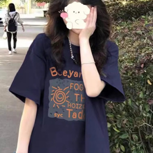 宽松慵懒风半袖 藏蓝色纯棉短袖 美式 t恤女2025新款 设计感上衣 夏季