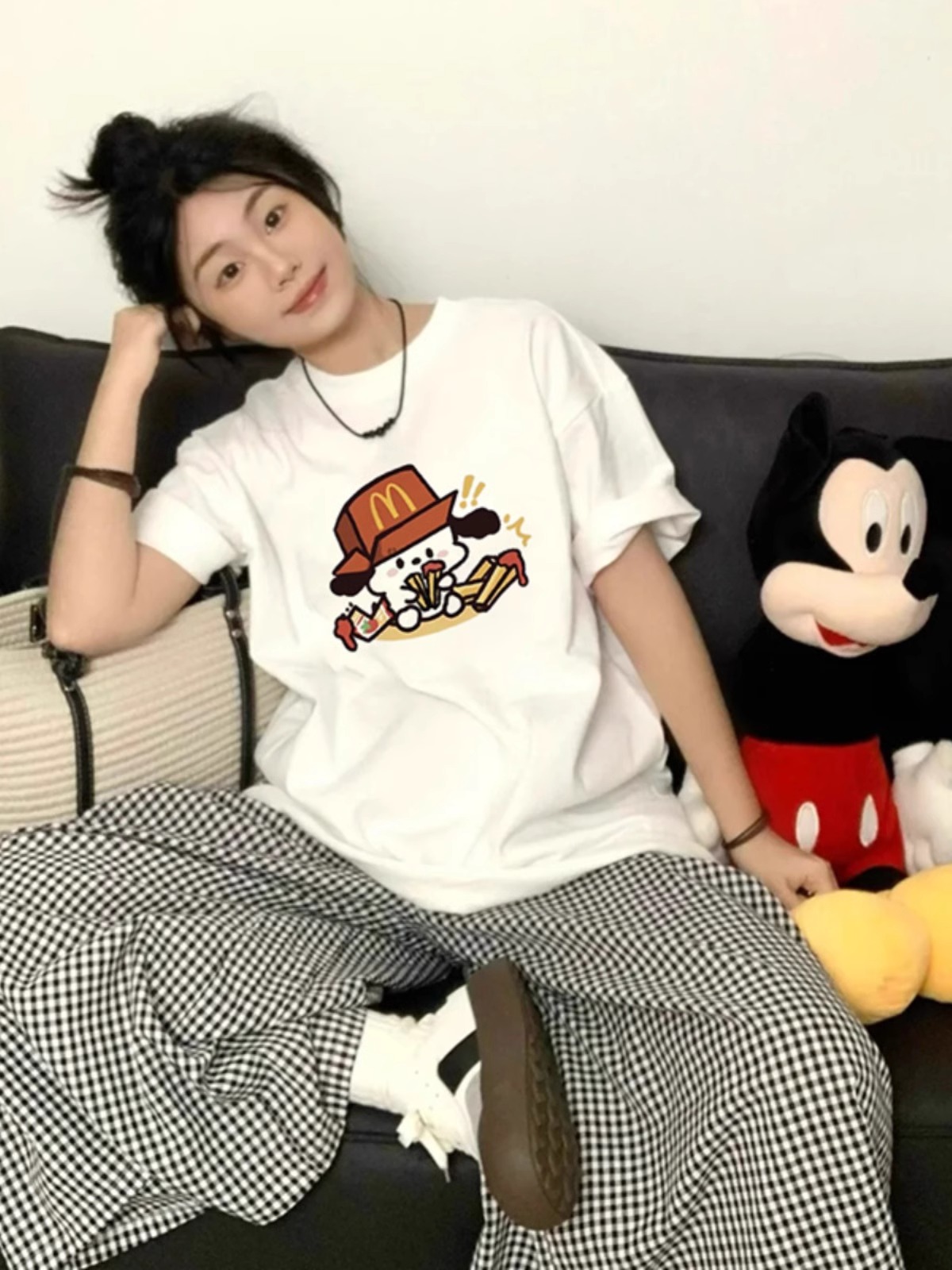 纯棉白色短袖t恤女2025新款夏季薯条小狗印花半袖撞色设计感上衣