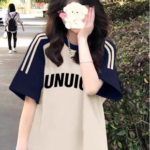 纯棉美式三条杠短袖t恤女2026新款夏季初中高中学生宽松半袖上衣