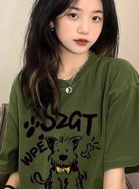 纯棉复古绿色卡通小狗短袖T恤女2025新款夏季美式宽松半袖上衣潮