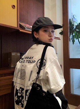 白色短袖t恤女2025新款夏季宽松字母涂鸦撞色国潮牌高级感上衣ins