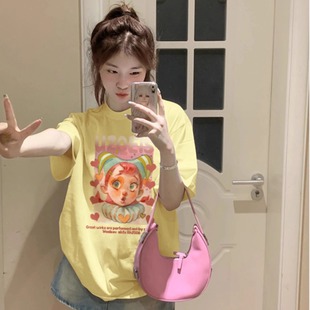 多巴胺学生宽松百搭半袖 夏季 体恤上衣 t恤女2025新款 黄色纯棉短袖
