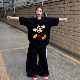 百搭宽松半袖 美式 夏季 t恤女2025新款 设计感上衣 高街黑色纯棉短袖