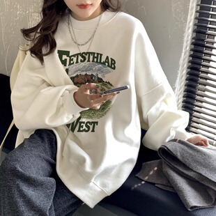 薄款 宽松港味chic无帽上衣 复古潮牌白色圆领卫衣女春秋季 纯棉美式