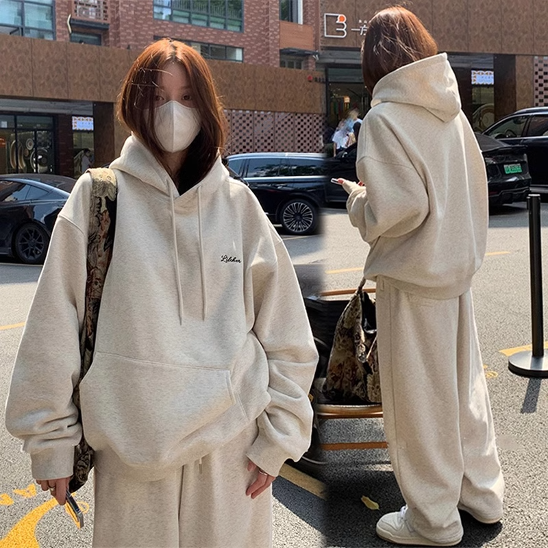 重磅纯棉花灰色连帽卫衣秋冬加绒加厚美式复古宽松设计感小众外套