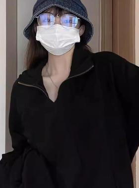纯棉黑色POLO领半拉链卫衣女秋冬加绒加厚慵懒风春秋薄款翻领上衣