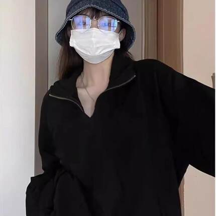 纯棉黑色POLO领半拉链卫衣女秋冬加绒加厚慵懒风春秋薄款翻领上衣