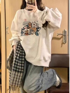 纯棉白灰色圆领卫衣女秋冬季加绒加厚美式复古慵懒风无帽上衣