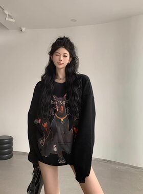 宽松纯棉韩版复古印花圆领卫衣