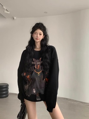 宽松纯棉韩版复古印花圆领卫衣