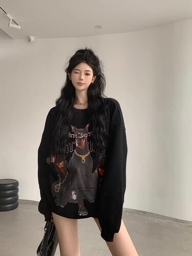 宽松纯棉韩版复古印花圆领卫衣