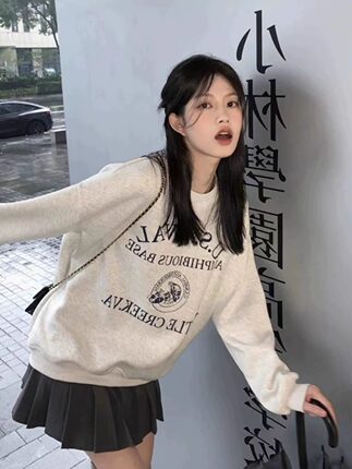 纯棉秋冬加绒加厚燕麦灰色圆领卫衣女宽松设计感小众时尚无帽上衣