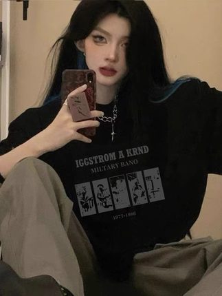100%纯棉黑色圆领短袖T恤女2025新款夏季宽松设计感小众半袖上衣