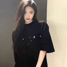 纯棉黑色正肩短袖t恤女2025新款爆款设计感美式高街宽松半袖上衣