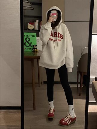 重磅纯棉美式花灰色连帽卫衣女秋冬加绒加绒小个子oversize外套潮