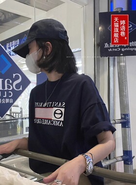 纯棉藏蓝色短袖T恤女2025新款夏季oversize美式印花宽松半袖上衣