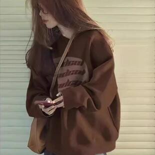 重磅纯棉美式 复古棕色圆领卫衣女冬加绒加厚宽松oversize慵懒上衣