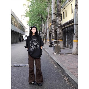 t恤女夏宽松美式 纯棉线条涂鸦头像黑色短袖 复古高街oversize上衣