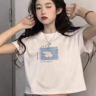 甜酷辣妹上衣 纯棉正肩白色短袖 t恤女2025新款 夏季 设计感露脐短款