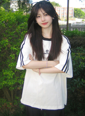 美式三条杠纯棉白色短袖t恤女2025新款初中高中学生半袖体恤上衣