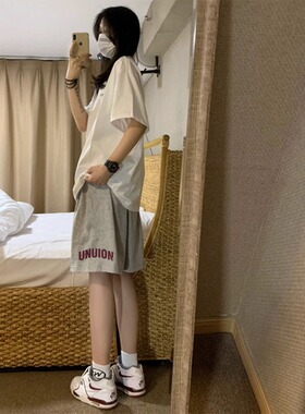 纯棉灰色短裤女夏季新款宽松五分裤高腰显瘦休闲裤运动阔腿中裤子