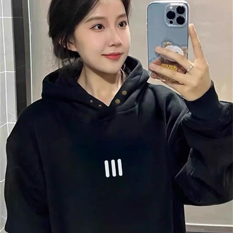 【重磅纯棉】加绒纽扣连帽卫衣女