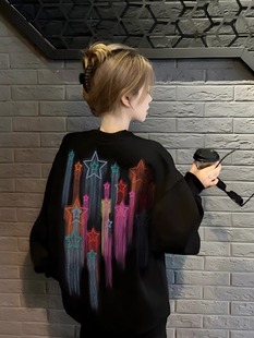 美式 薄款 复古圆领上衣 宽松春秋款 黑色高端欧货加绒卫衣女2025新款