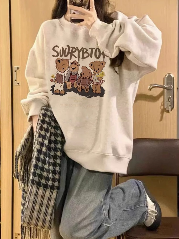 宽松型纯棉美式复古小熊圆领卫衣