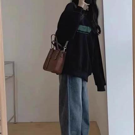重磅纯棉黑色圆领卫衣女冬加绒加厚美式复古宽松无帽小个子上衣潮
