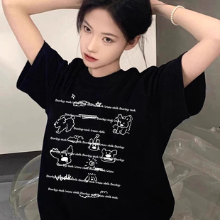 夏季 纯棉美式 爆款 复古黑色短袖 宽松设计感小众上衣 t恤女2025新款
