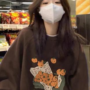 纯棉美拉德穿搭棕色圆领卫衣女秋冬加绒加厚美式 宽松无帽慵懒上衣