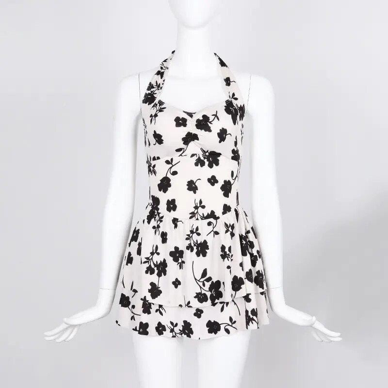 都市丽人新带胸垫泳衣ls31b1女连体系脖一体式性感美背平角裤泳装