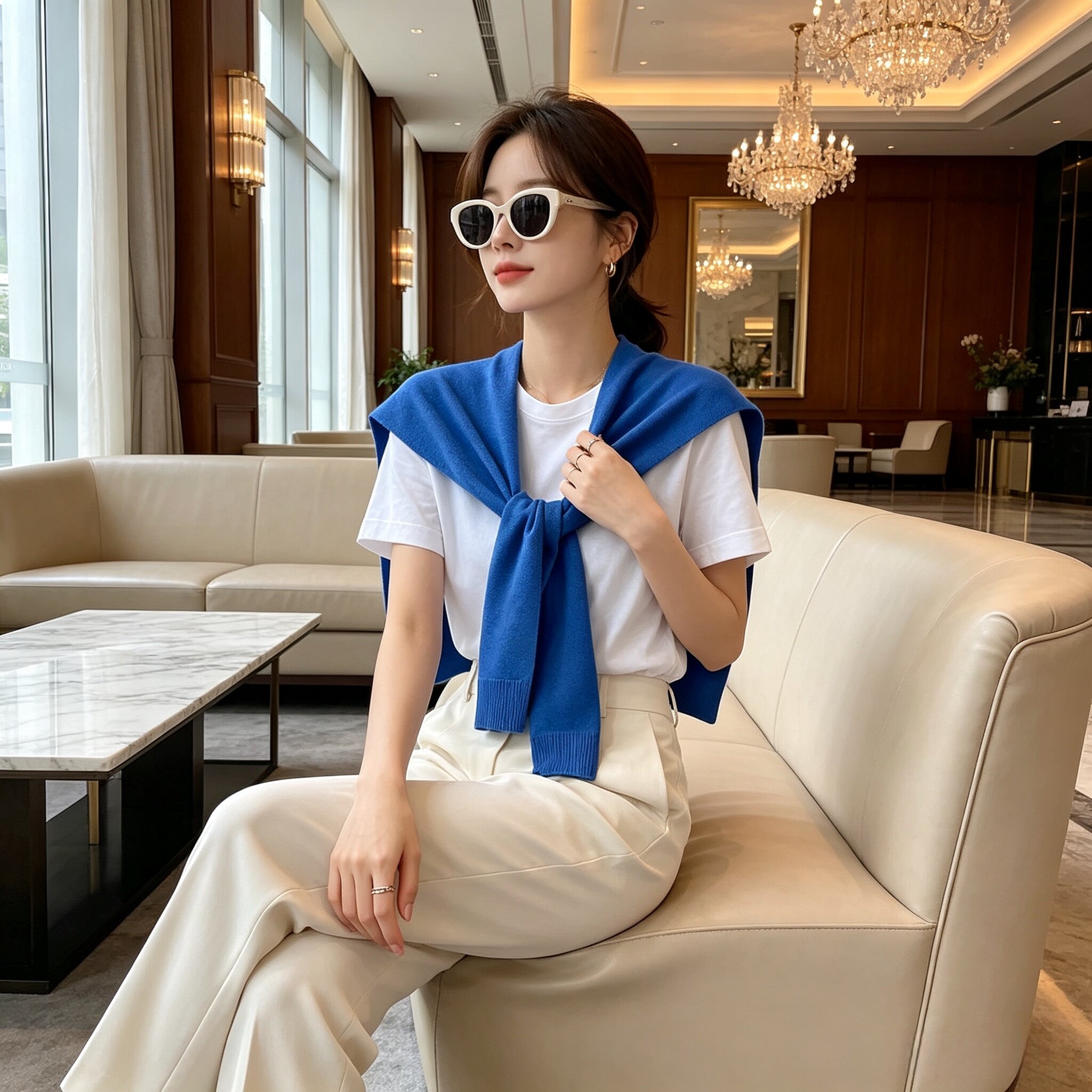 宝蓝色空调房搭肩春秋小披肩保暖斗篷外搭网红女针织坎肩毛线围巾