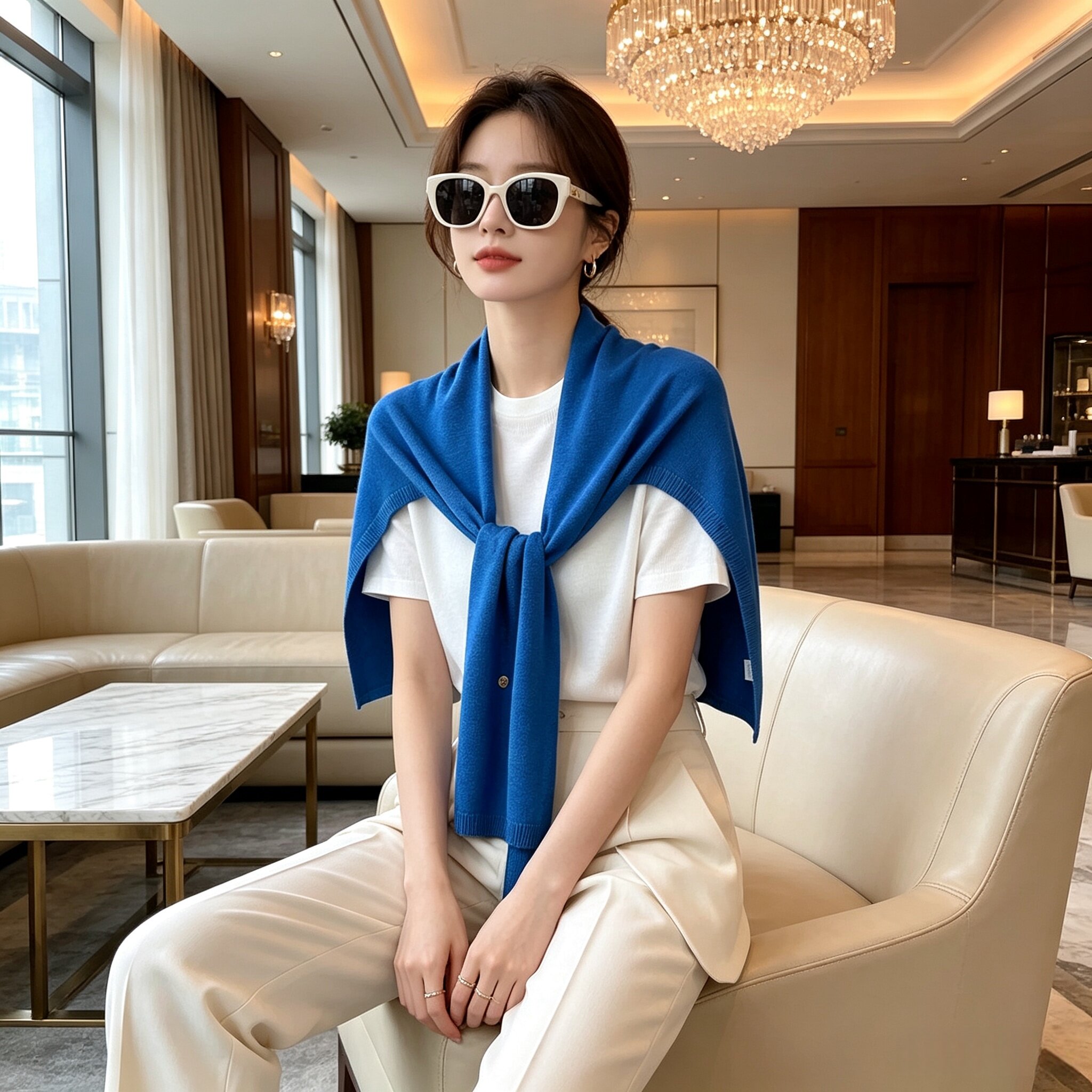 高品质2026春秋T型新款蓝色针织披肩女士百搭空调房保暖外搭围巾
