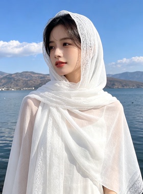 新款春秋夏季蕾丝高级感薄款围巾女空调纯色旅游防晒披肩丝巾沙滩