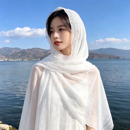 新款春秋夏季蕾丝高级感薄款围巾女空调纯色旅游防晒披肩丝巾沙滩