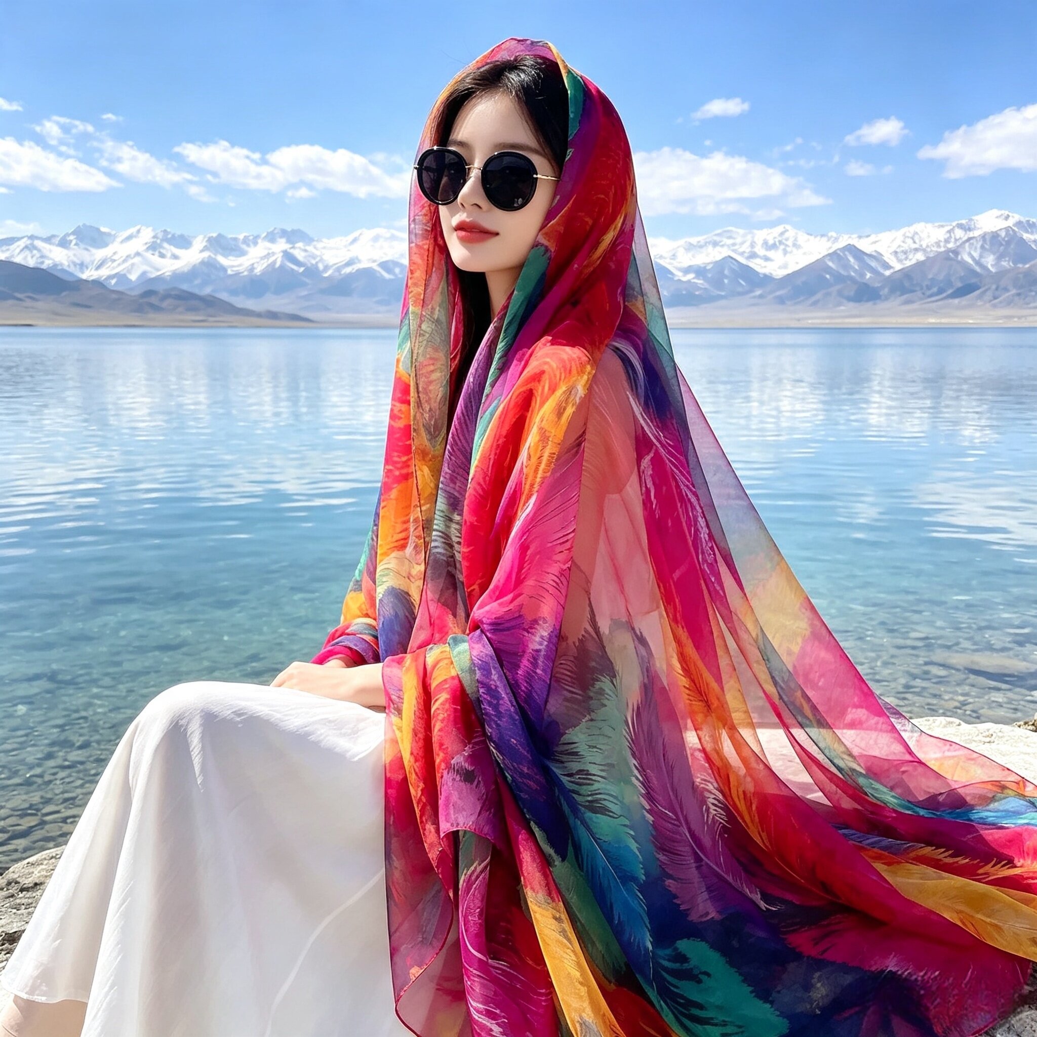 加大旅游民族风彩色印花丝巾女长款轻薄纱巾披肩百搭拍照沙滩围巾
